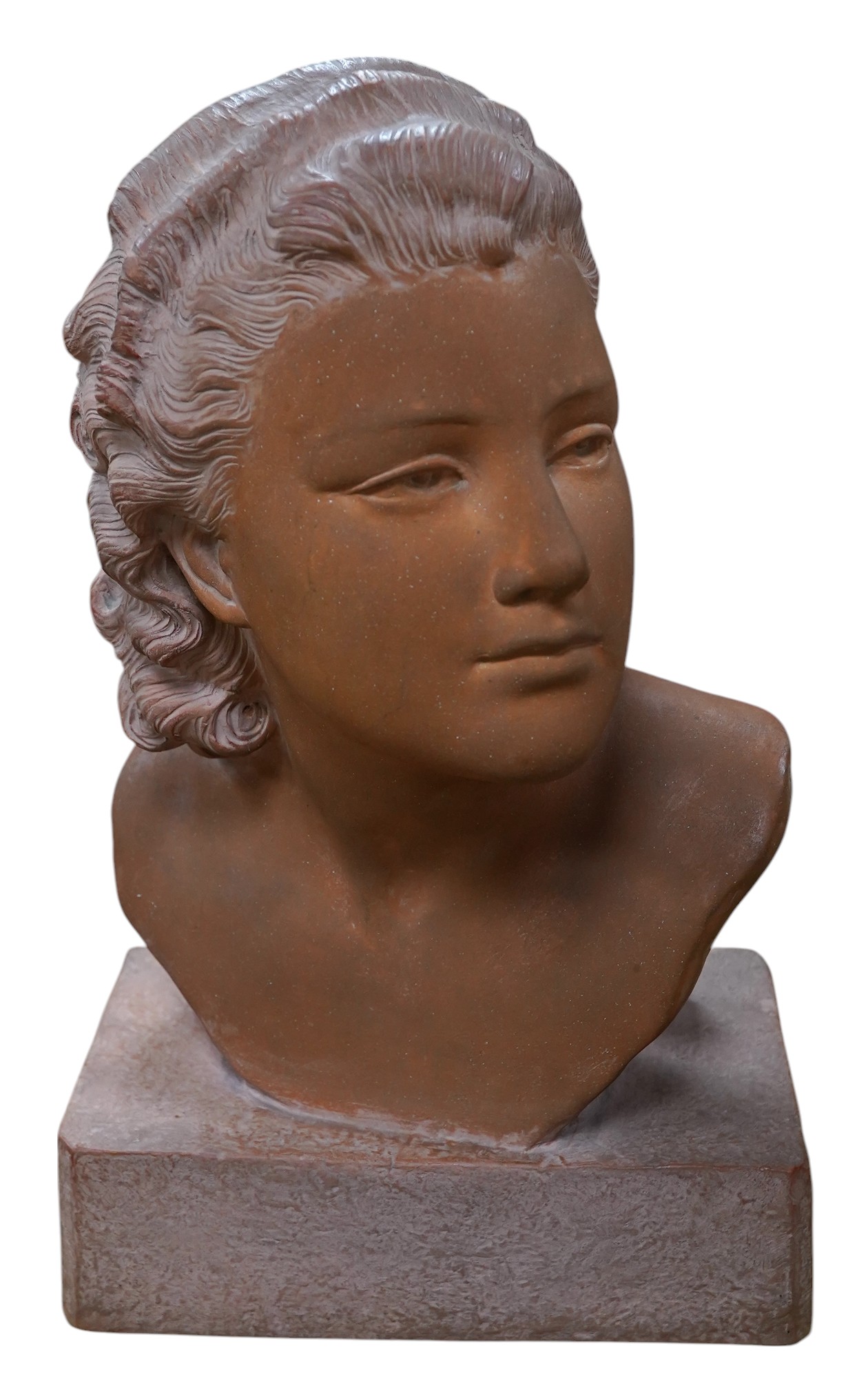 A terracotta bust of a young woman, signed U Cipriani, 37cm high. Condition - good